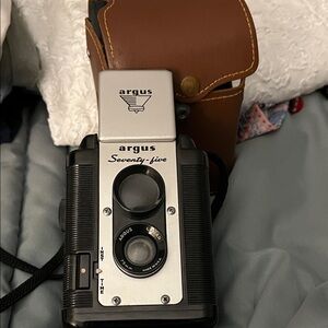 Argus Seventy-five Black and Silver Twin-Lens Film Camera with Brown Case